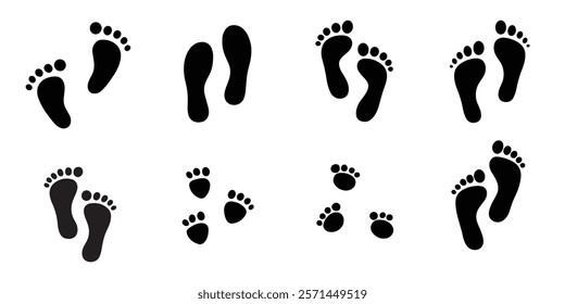 Human foot and shoe print icons set.