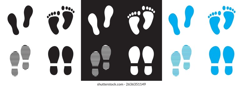 Human foot and shoe print icons . Vector for websites, mobile interfaces, presentations, banner, visual branding etc. Vector illustration. isolated on white and black background. EPS 10