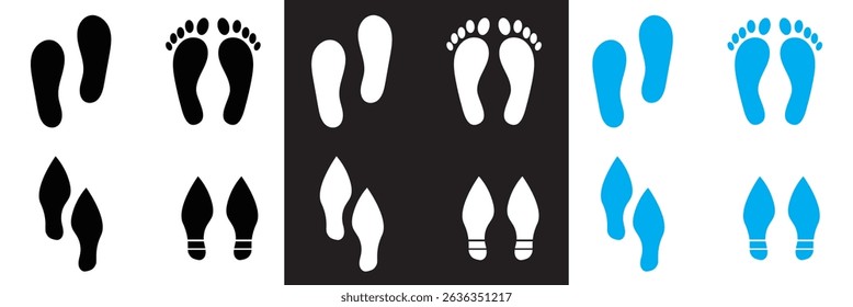 Human foot and shoe print icons . Vector for websites, mobile interfaces, presentations, banner, visual branding etc. Vector illustration. isolated on white and black background. EPS 10