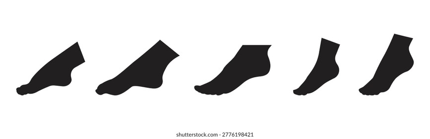 Human foot silhouette vector set with different barefoot shapes in side view. Simple black flat icons suitable for medical, anatomy and footprint design. Isolated on white background.