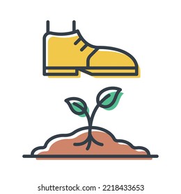 Human foot steps on dry ground, vector isolated flat icon. The concept of environmental pollution and global warming. Ecology design element.