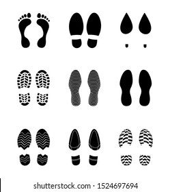 Human foot trace.  Footprints human shoes silhouette, vector set, isolated on white background. Vector illustration. 