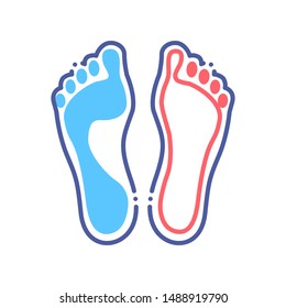 Human foot types: normal and flat feet line color icon. Orthopedic disease. Sign for web page, mobile app, button, logo. Editable stroke. 
