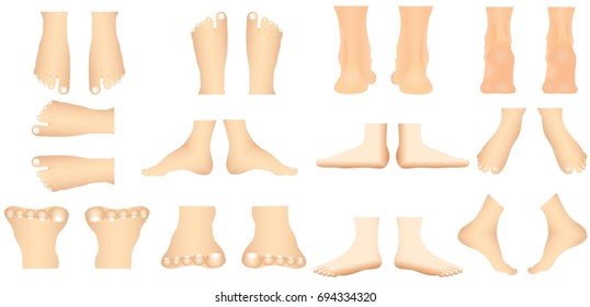 Human foot. Views of a human foot in various gestures for medical use on white background. 