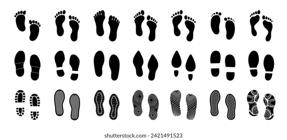 Human footprint. Black silhouette people barefoot, leg imprint, shoes and boot feet. Walking Woman and man shoe steps isolated on white background. Vector set. Footsteps trace prints