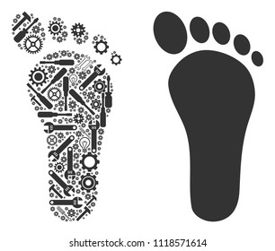 Human footprint composition of service instruments. Vector human footprint icon is created with cogwheels, spanners and other equipment items. Concept of maintenance service.
