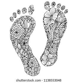 Human footprint in doodle style.  Coloring book page. Footstep with different little flowers in zentangle style.  Black and white foot. Vector. Doodle, barefoot.