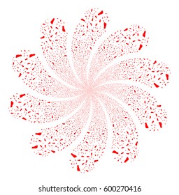 Human Footprint fireworks swirl flower with ten petals. Vector illustration style is flat red scattered symbols. Object whirlpool made from random symbols.