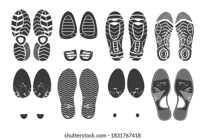 Human footprint. Footwear steps silhouette, shoes, boots, sneakers footstep print of men and women, textured steps. Dirty shoes print, shoes footprints on asphalt and ground, step silhouette vector.