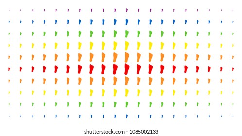 Human footprint icon rainbow colored halftone pattern. Vector human footprint pictograms are arranged into halftone matrix with vertical rainbow colors gradient. Constructed for backgrounds, covers,