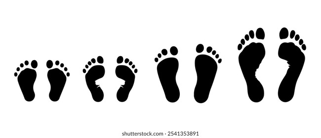 Human footprint icon set, footprints showing various styles, barefoot and shoes, detailed outline of different foot shapes, baby footprint silhouette, minimalist vector illustration