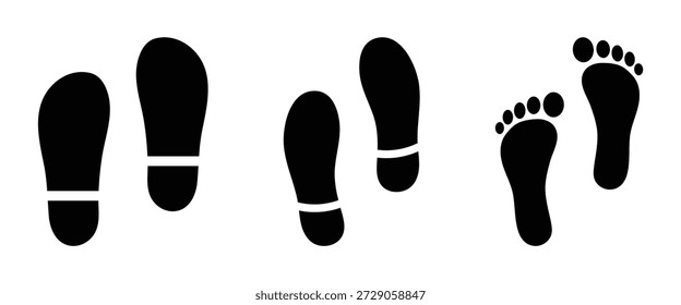 Ícone de pegada humana conjunto de vetor com símbolo de passos. Impressões de sapatos e silhuetas de pé humano, ideais para designs de camisetas, padrões, sites, impressões infantis e uso de ilustrações de vetor plano.