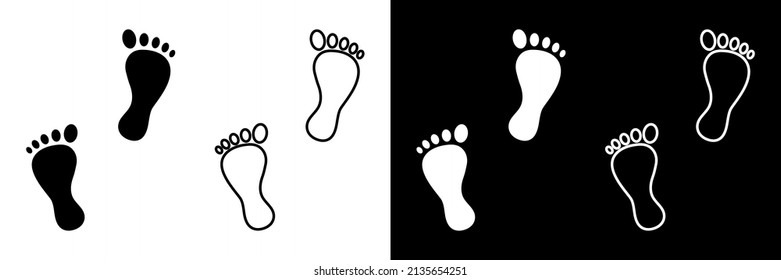 Human Footprint. Line Footprint Icons Isolated On White And Black Background. Foot Of Human. Silhouette Of Baby Bare Foot. Icon Of Step Of People. Vector.