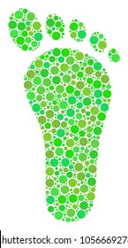 Human Footprint mosaic of circle elements in various sizes and green color tints. Vector dots are grouped into human footprint composition. Ecological vector illustration.