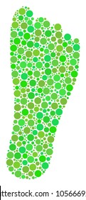 Human Footprint mosaic of filled circles in various sizes and ecological green color hues. Vector filled circles are grouped into human footprint collage. Eco vector illustration.