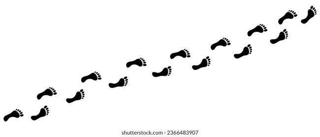 Human footprint. Path of human bare feet. Road of steps. Person walks barefoot. Step by step. Silhouette. Vector isolated on white. For print, textile, postcard, design, games, brochure, advertising