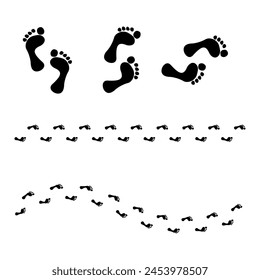 Human footprint patterns in different sequences. Black isolated footstep tracks. Ideal for exploration and pathfinding themes. Vector illustration. EPS 10.