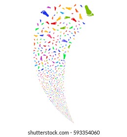 Human Footprint random fireworks stream. Vector illustration style is flat bright multicolored iconic symbols on a white background. Object fountain done from scattered symbols.
