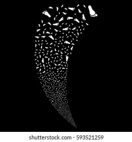 Human Footprint random fireworks stream. Vector illustration style is flat white iconic symbols on a black background. Object fountain done from scattered symbols.