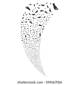 Human Footprint random fireworks stream. Vector illustration style is flat gray iconic symbols on a white background. Object fountain organized from scattered symbols.