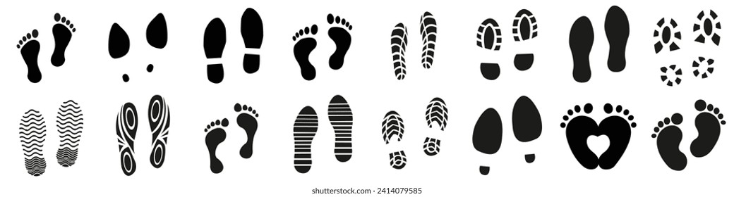 Human footprint set. Shoe and bare foot print collection.