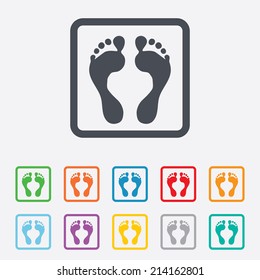 Human footprint sign icon. Barefoot symbol. Foot silhouette. Round squares buttons with frame. Vector