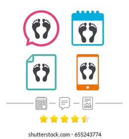 Human footprint sign icon. Barefoot symbol. Foot silhouette. Calendar, chat speech bubble and report linear icons. Star vote ranking. Vector