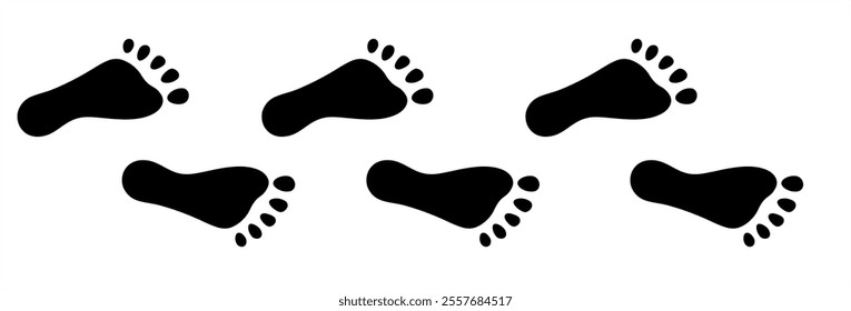 Human footprint. Silhouette. Road of steps. Path of human bare feet. Person walks barefoot. Vector isolated on white background. For print, postcard, textile, book illustration, design