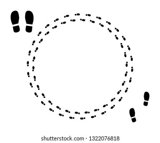 Human footprint from the sole of the Shoe. Silhouette of the path. Footprints of dirt in a circle. Vector design element isolated white background.