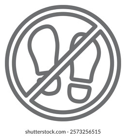 Human footprint tracing ban line icon, prohibited items concept. Vector graphics. Man shoes foot print forbidden sign on white background, outline style icon for mobile or web design