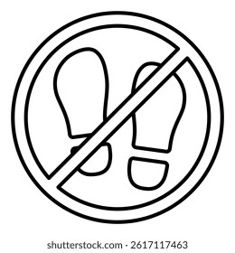 Human footprint tracing ban thin line icon, prohibited items concept. Vector graphics. Man shoes foot print forbidden sign on white background, linear style for mobile or design