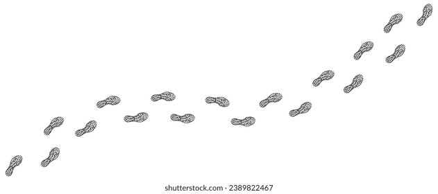 Human footprint. Trail of footprints from boots or sneakers. Imprints of shoe soles. Walking person. Path of human feet. Footsteps trekking. Step by step. Silhouette. Vector isolated on white