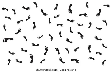 Human footprint vector seamless pattern background. Black footstep illustrations isolated on white background