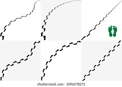 Human footprint. Vector trace. Black silhouette of steps isolated on white. Barefooted leg icon. Set of different tracks and shapes. Front and perspective view. Template for path design.