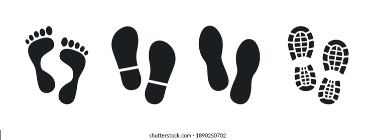 Human footprints. Bare foot prints. Shoe soles print. Black traces of human. Step footprints. Shoe tread prints.