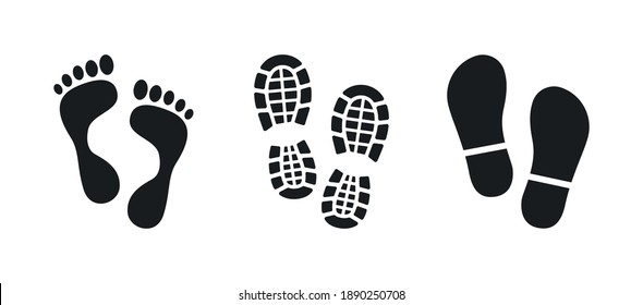 Human footprints. Bare foot prints. Shoe soles print. Black traces of human. Step footprints. Shoe tread prints.