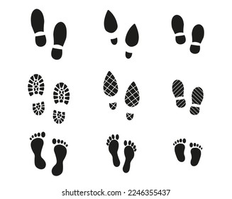 Human footprints collection. Human walking and shoe sole feet footsteps people. Baby footprint. Shoes for children and adults. Stock Vector graphics