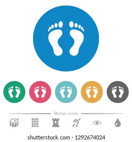 Human Footprints flat white icons on round color backgrounds. 6 bonus icons included.