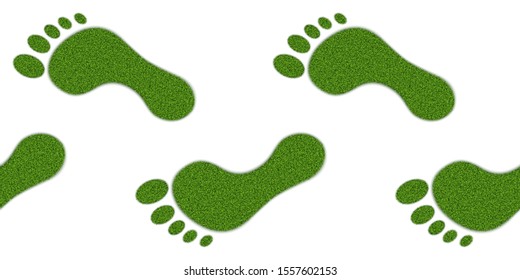 Human footprints with grass texture, seamless horizontal pattern. On a white background, isolated. Vector illustration.
