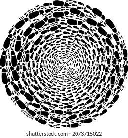 Human footprints icon cycle spheric collage. Human footprints signs are composed into spheric twirl mosaic structure.