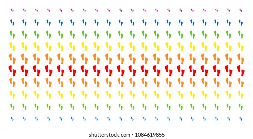 Human Footprints icon rainbow colored halftone pattern. Vector symbols arranged into halftone array with vertical rainbow colors gradient. Designed for backgrounds, covers,