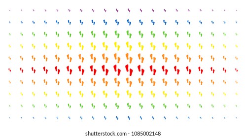 Human footprints icon rainbow colored halftone pattern. Vector human footprints symbols are arranged into halftone matrix with vertical spectral gradient. Designed for backgrounds, covers,