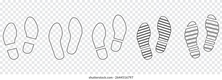 Human footprints icon set. Different human footprints. Human walking footprints shoes and shoe sole. Kids feet and Human foot steps Fun vector footsteps icon or sign for print. Eps 10.