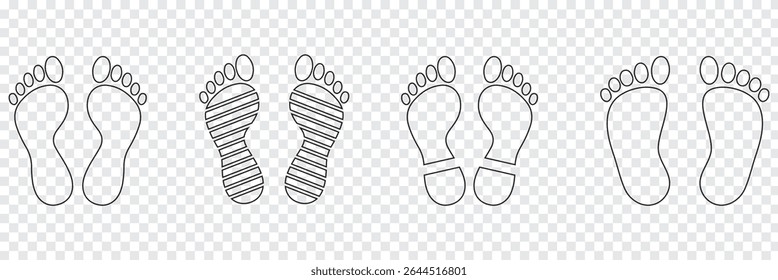 Human footprints icon set. Different human footprints. Human walking footprints shoes and shoe sole. Kids feet and Human foot steps Fun vector footsteps icon or sign for print. Eps 10.