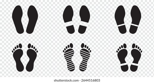 Human footprints icon set. Different human footprints. Human walking footprints shoes and shoe sole. Kids feet and Human foot steps Fun vector footsteps icon or sign for print. Eps 10.