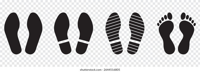Human footprints icon set. Different human footprints. Human walking footprints shoes and shoe sole. Kids feet and Human foot steps Fun vector footsteps icon or sign for print. Eps 10.
