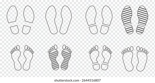 Human footprints icon set. Different human footprints. Human walking footprints shoes and shoe sole. Kids feet and Human foot steps Fun vector footsteps icon or sign for print. Eps 10.