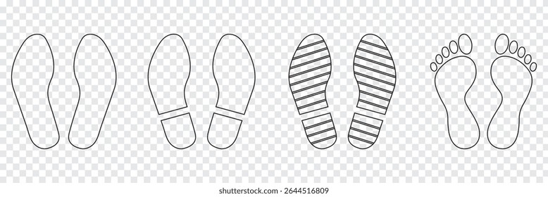 Human footprints icon set. Different human footprints. Human walking footprints shoes and shoe sole. Kids feet and Human foot steps Fun vector footsteps icon or sign for print. Eps 10.