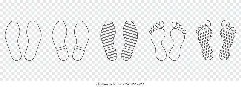 Human footprints icon set. Different human footprints. Human walking footprints shoes and shoe sole. Kids feet and Human foot steps Fun vector footsteps icon or sign for print. Eps 10.