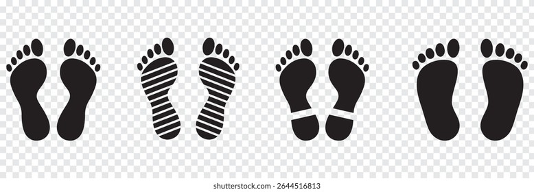 Human footprints icon set. Different human footprints. Human walking footprints shoes and shoe sole. Kids feet and Human foot steps Fun vector footsteps icon or sign for print. Eps 10.